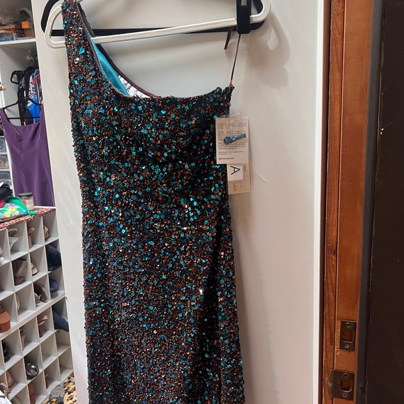 Scala One Shoulder Sequin Dress - Brown and Blue - Picture 1 of 6